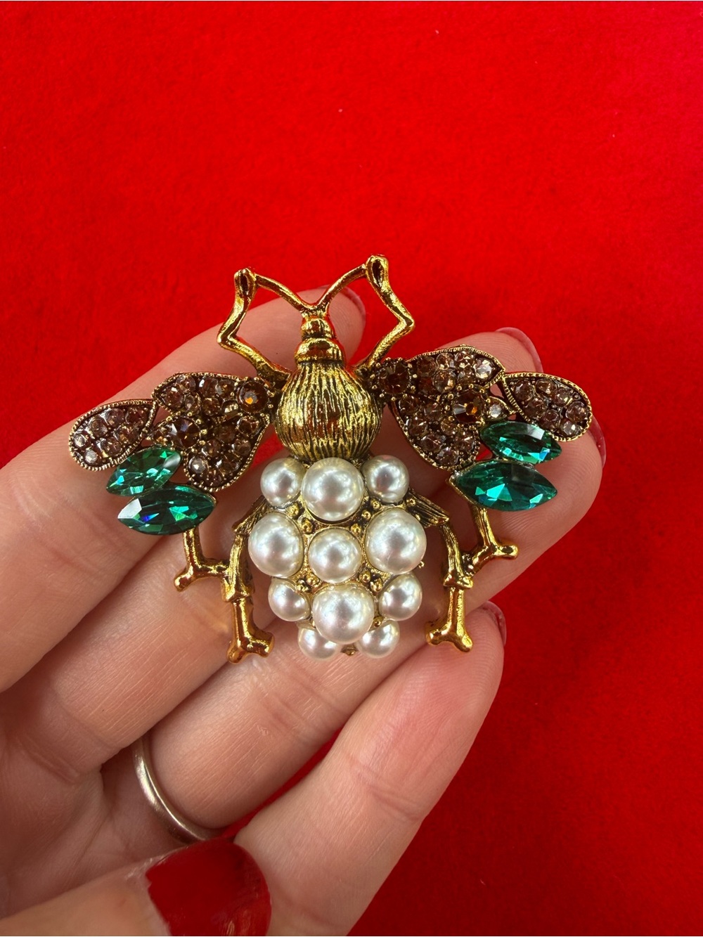 Anthropologie Gold Bee Brooch with Emerald and Pearl Accents